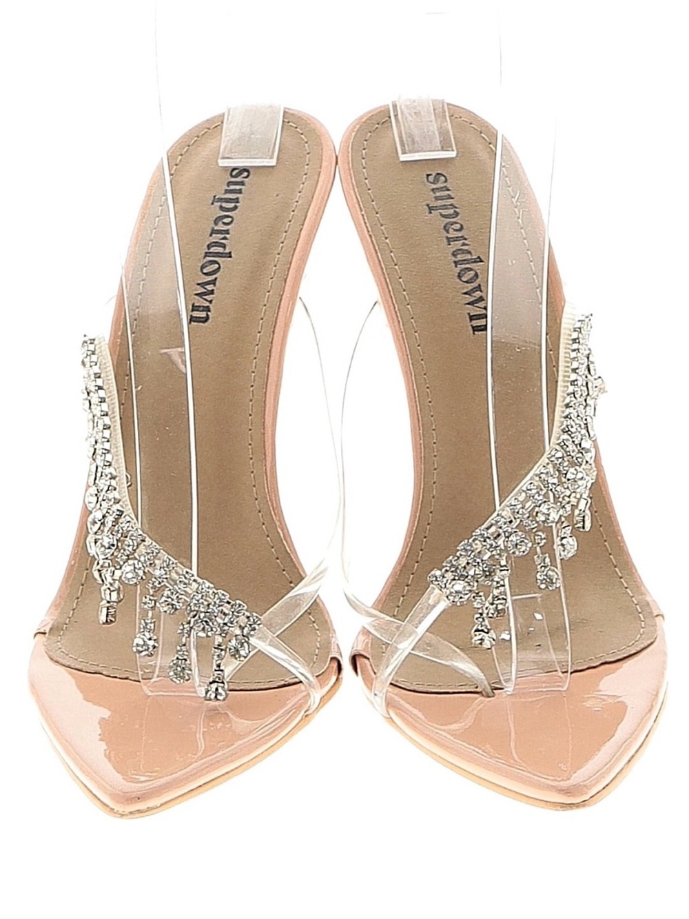 Superdown Nude Patent Clear Strap Heeled Sandals with Crystal Fringe